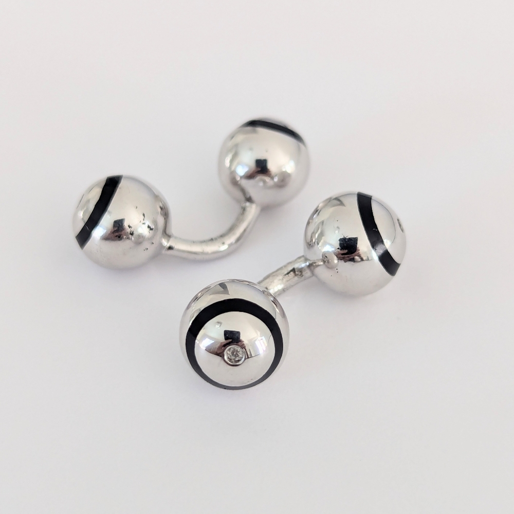Vintage '90s Cufflinks; Sterling Silver With Black Enamel, Diamond Accents